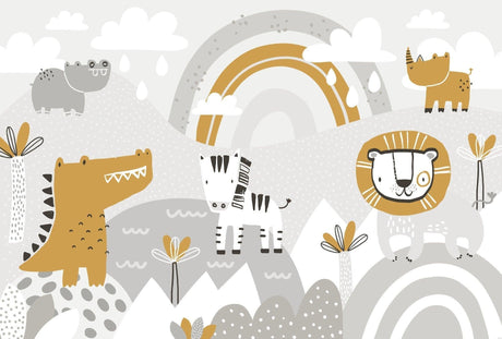 Design file of Safari Animals wallpaper pattern with gold lion, zebra, and friendly creatures