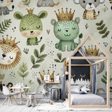 Safari Animals Wallpaper brings royal charm to a bright nursery, with crowned lions and giraffes creating a magical atmosphere