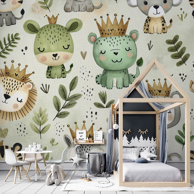 Safari Animals Wallpaper brings royal charm to a bright nursery, with crowned lions and giraffes creating a magical atmosphere