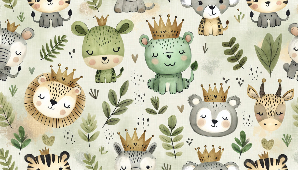Safari Animals design file showcasing adorable crowned creatures among green foliage pattern
