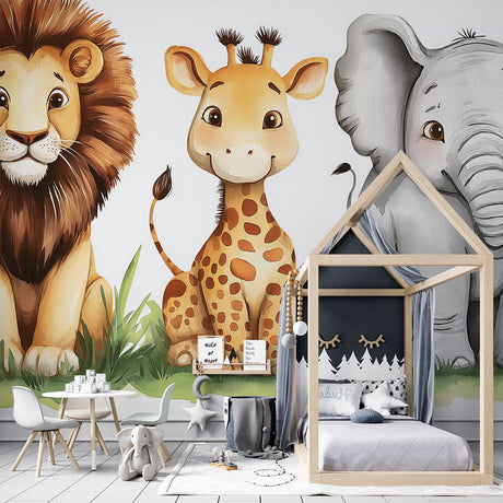 Safari Animals Wallpaper Mural creating a cozy atmosphere in a bright nursery with natural light