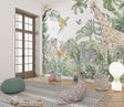 Safari animals wallpaper creating a cozy reading nook in a modern nursery with soft natural lighting