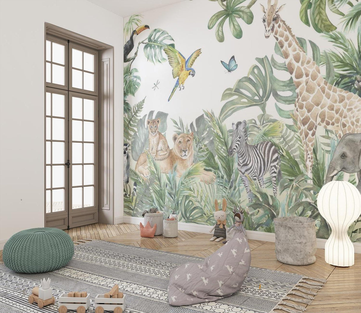 Safari animals wallpaper creating a cozy reading nook in a modern nursery with soft natural lighting