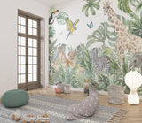 Safari animals wallpaper creating a cozy reading nook in a modern nursery with soft natural lighting