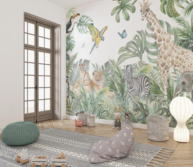 Safari animals wallpaper creating a cozy reading nook in a modern nursery with soft natural lighting