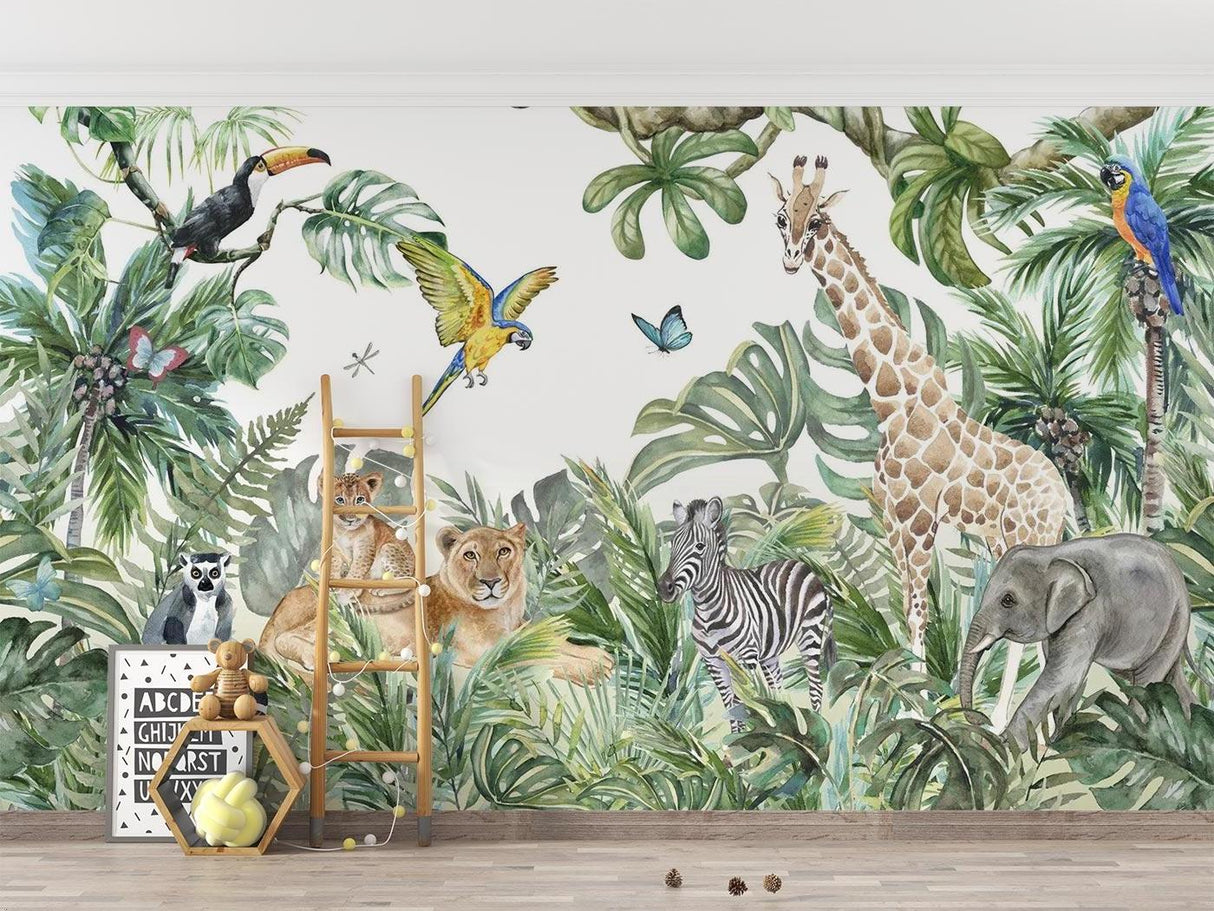 Jungle animals mural bringing life to a playful children's bedroom with wooden furniture