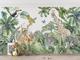 Jungle animals mural bringing life to a playful children's bedroom with wooden furniture