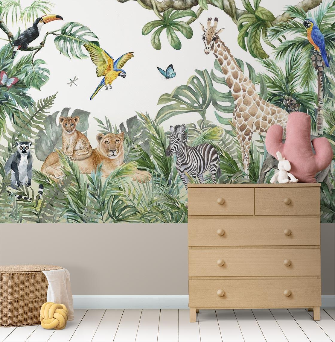 Watercolor safari wallpaper in a bright playroom showing scale with toys