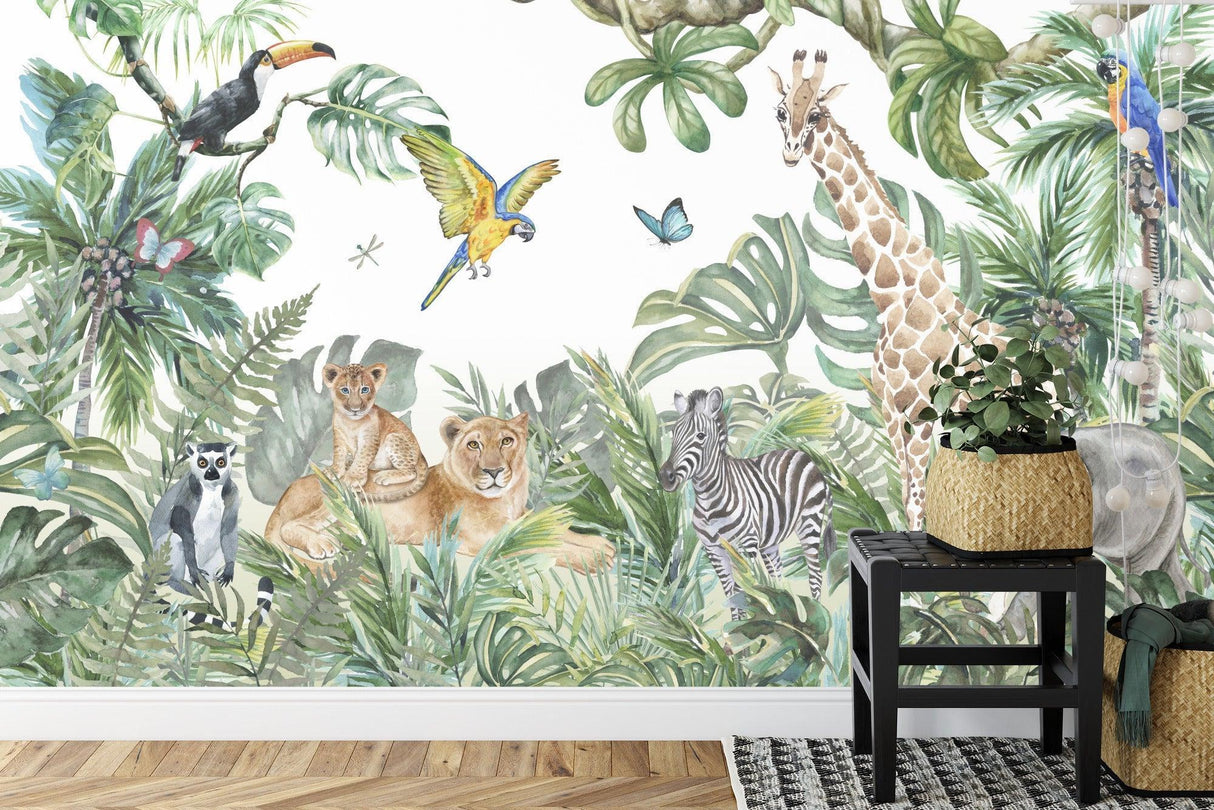 Safari mural wallpaper making a statement in a modern white nursery