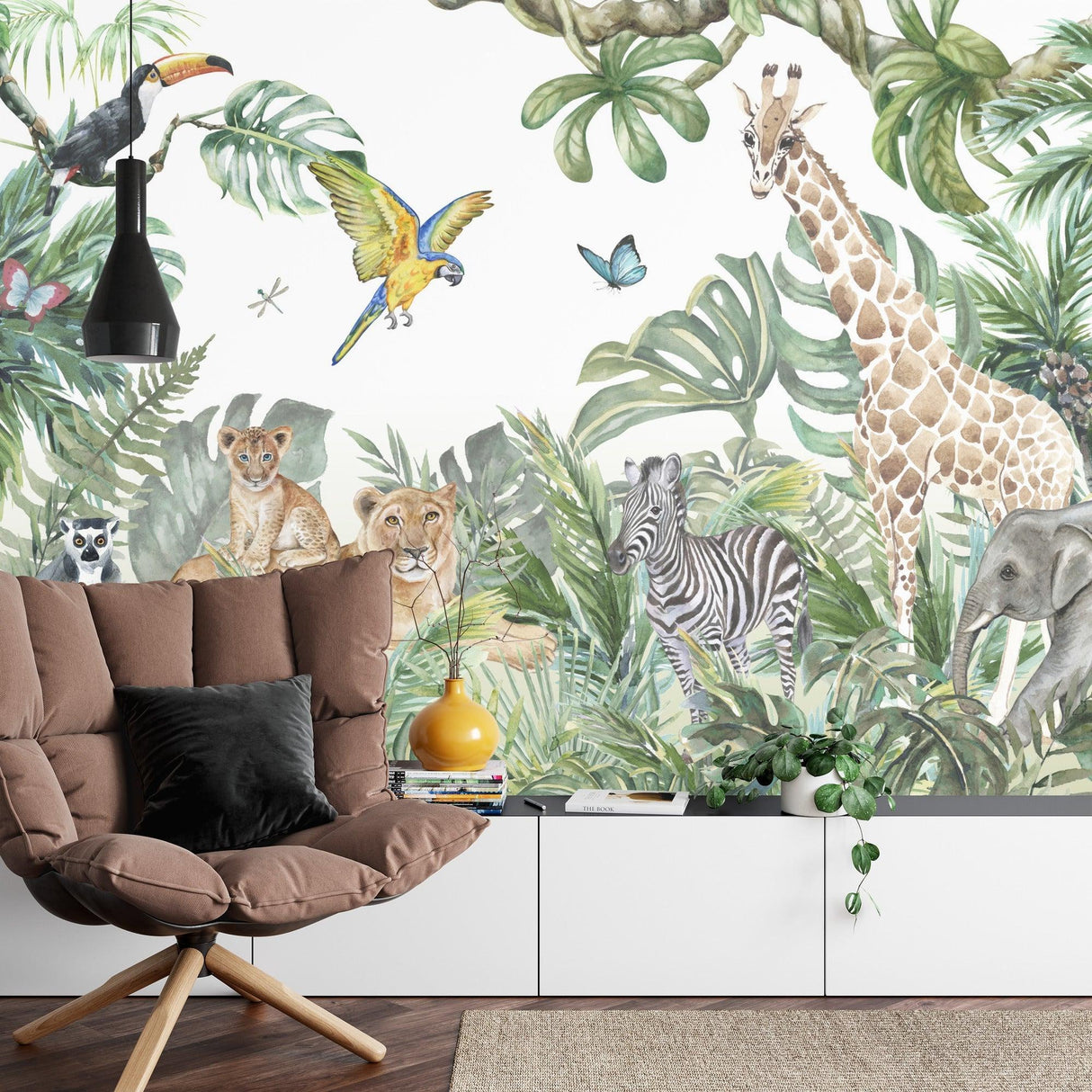 Jungle animals wall mural creating depth in a compact children's room
