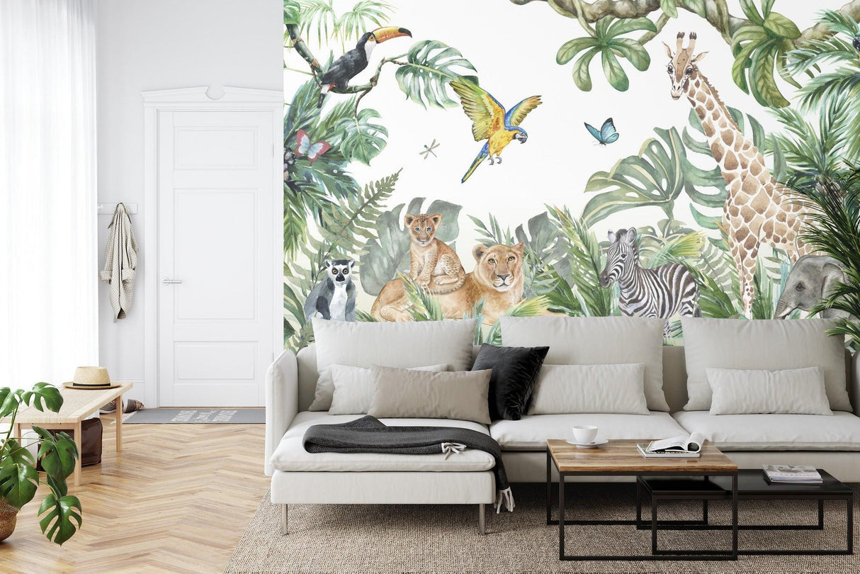 Safari wallpaper bringing warmth to a minimalist nursery setting