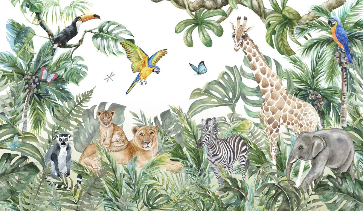 Safari animals wallpaper design file showing full pattern with watercolor lions, giraffe and tropical elements
