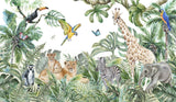 Safari animals wallpaper design file showing full pattern with watercolor lions, giraffe and tropical elements