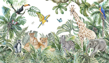 Safari animals wallpaper design file showing full pattern with watercolor lions, giraffe and tropical elements