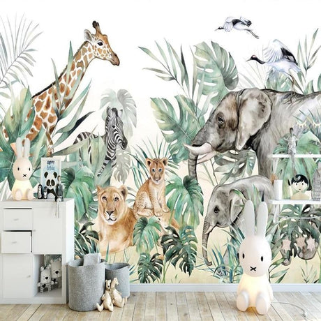 Safari Animals Wallpaper creating a magical atmosphere in a modern nursery with white furniture