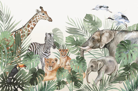 Design file showing the full Safari Animals pattern with watercolor elephants, giraffes, and tropical leaves