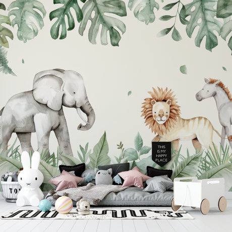 Safari Animals Wallpaper in bright nursery with white furniture showing watercolor elephants and monstera leaves