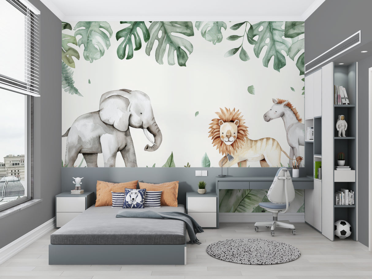 Kids bedroom featuring Safari Animals Mural with playful lions and tropical leaves