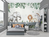 Kids bedroom featuring Safari Animals Mural with playful lions and tropical leaves