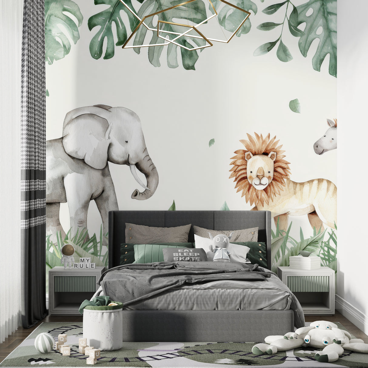 Playroom decorated with Watercolor Safari Wallpaper showing gentle wildlife scenes