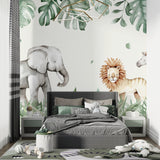 Playroom decorated with Watercolor Safari Wallpaper showing gentle wildlife scenes