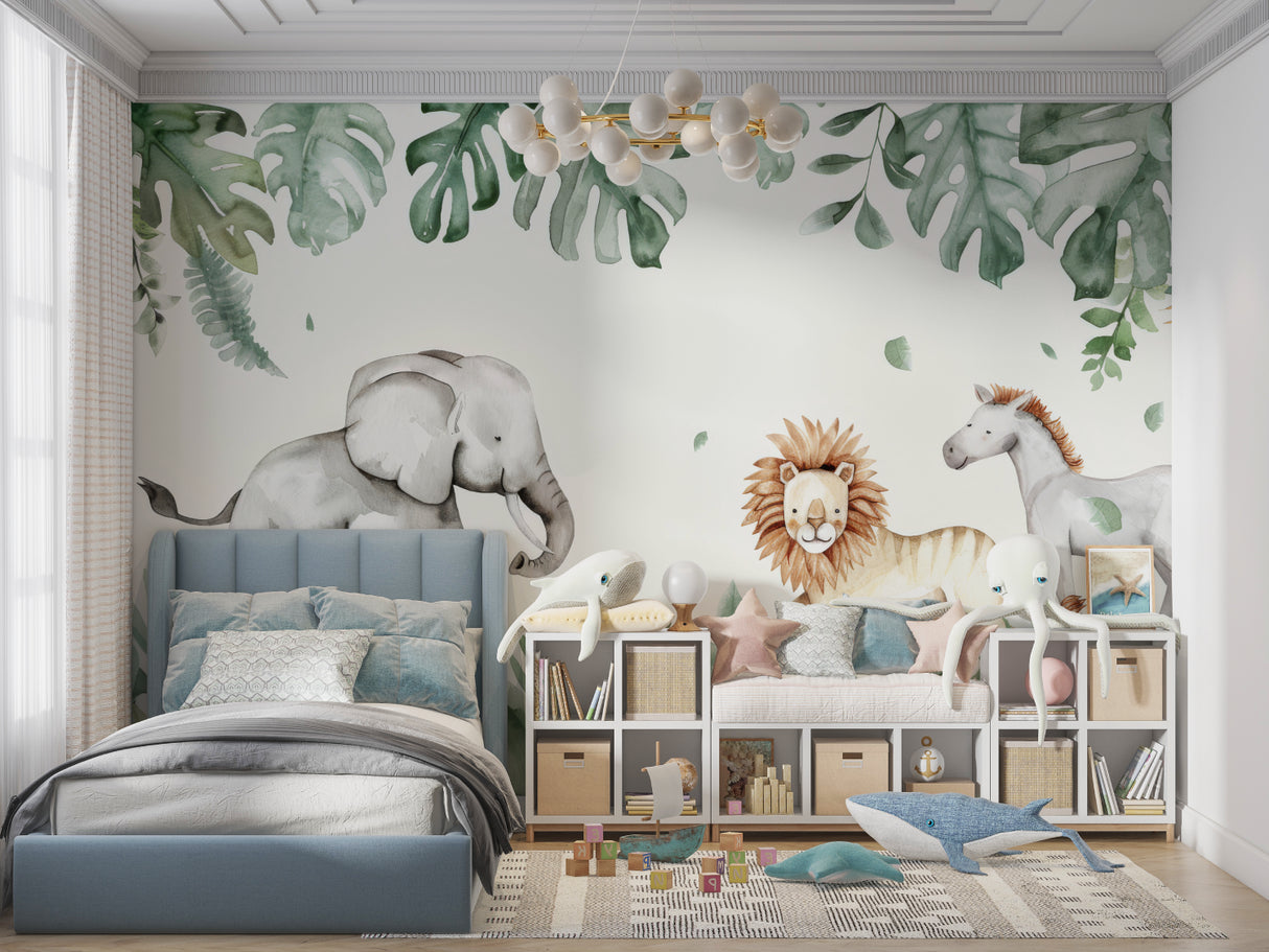 Reading nook with Safari Animals Mural creating cozy jungle atmosphere