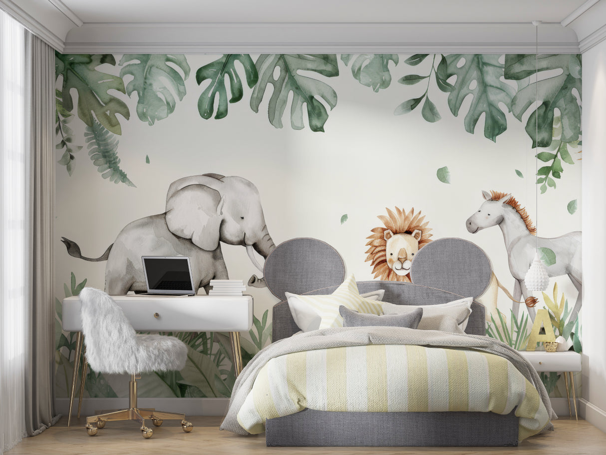 Modern nursery featuring Jungle Animals Wallpaper with soft watercolor design