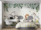 Modern nursery featuring Jungle Animals Wallpaper with soft watercolor design
