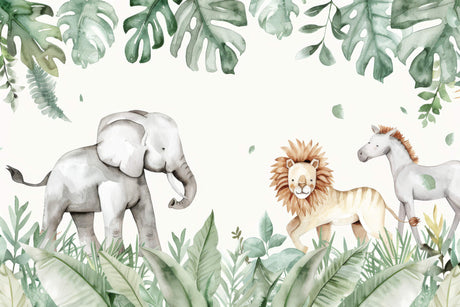 Safari Animals Wallpaper design file showing full pattern of watercolor wildlife and monstera leaves