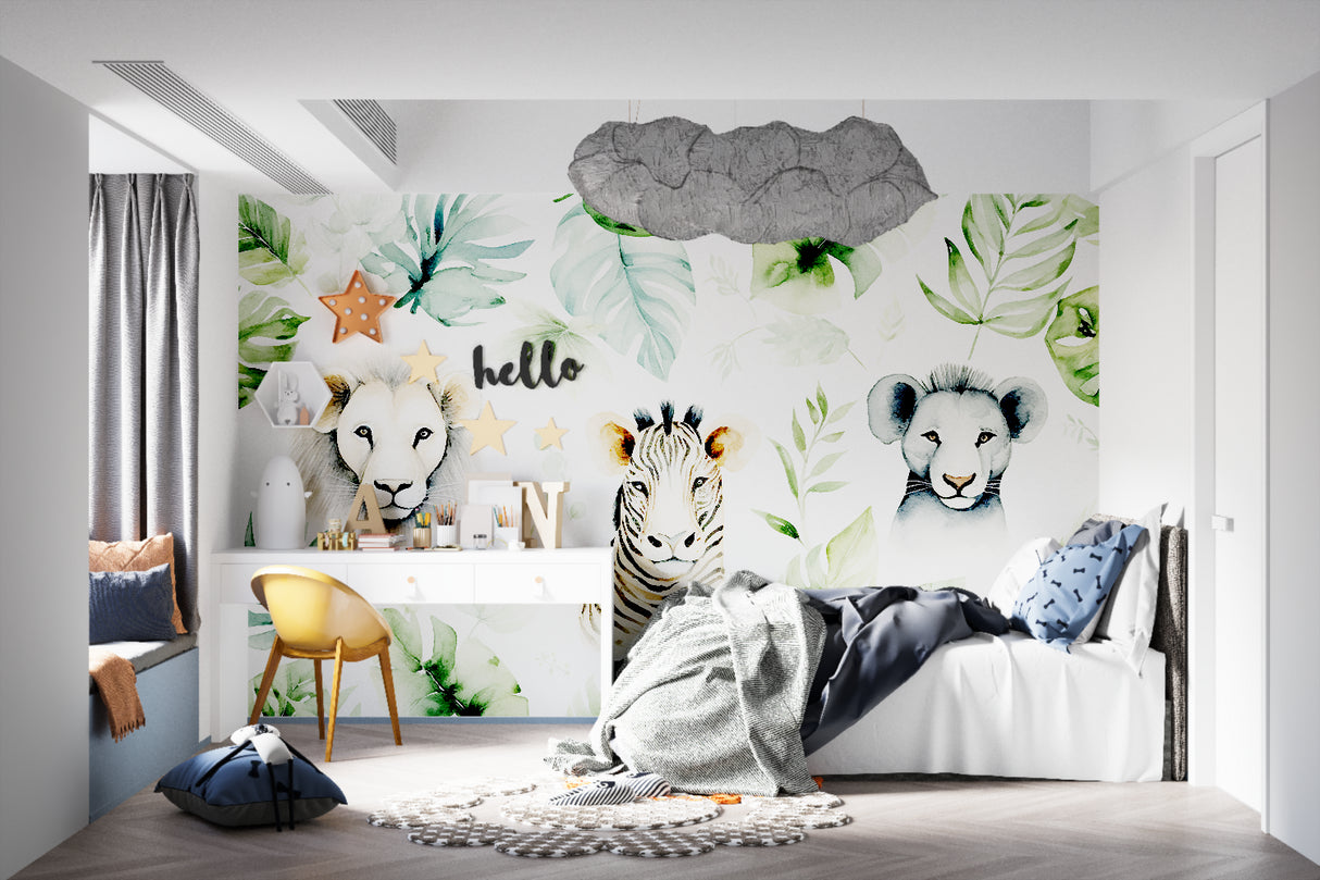 Safari animals wallpaper in bright nursery showing lions and zebra, perfect for creating a playful atmosphere