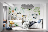 Safari animals wallpaper in bright nursery showing lions and zebra, perfect for creating a playful atmosphere