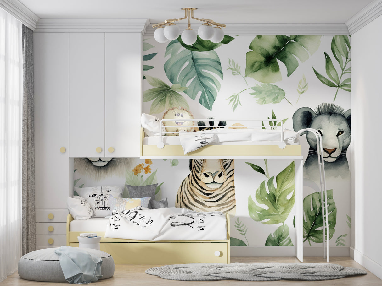 Watercolor safari mural in kids bedroom with soft lighting showcasing gentle animal designs