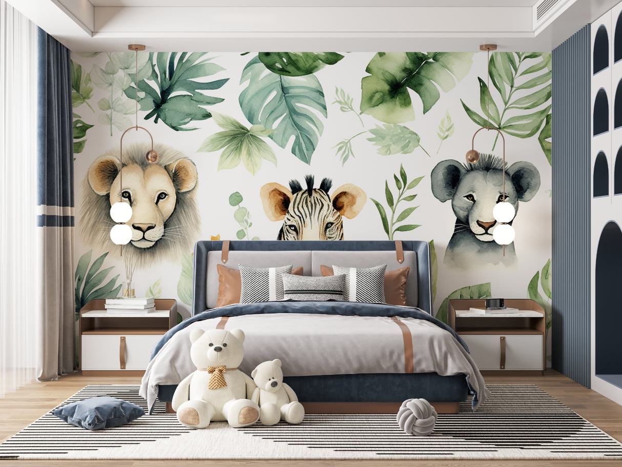 Safari wallpaper in playroom setting highlighting the watercolor lions and tropical leaves