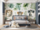Safari wallpaper in playroom setting highlighting the watercolor lions and tropical leaves