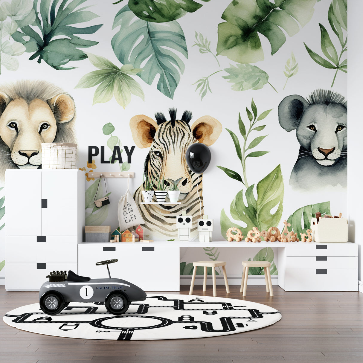 Jungle animals wallpaper creating cozy reading nook with zebra and botanical elements