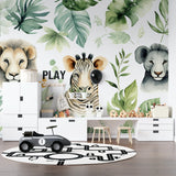 Jungle animals wallpaper creating cozy reading nook with zebra and botanical elements