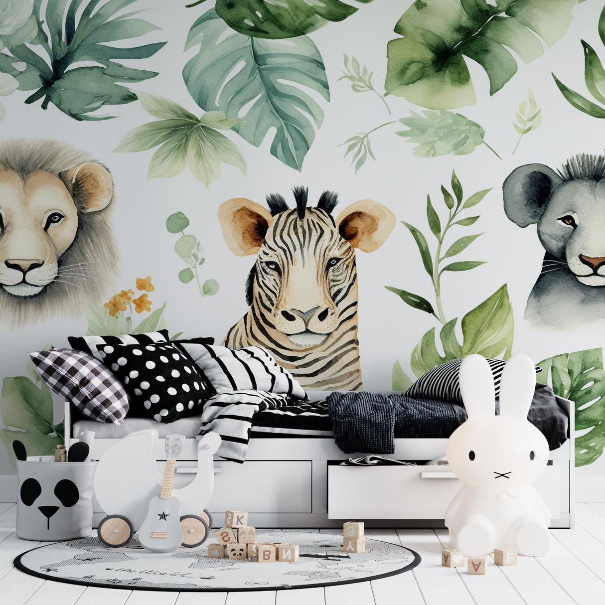 Safari mural in modern nursery showing full wall application with gentle colors