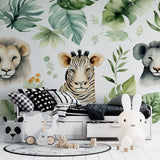 Safari mural in modern nursery showing full wall application with gentle colors