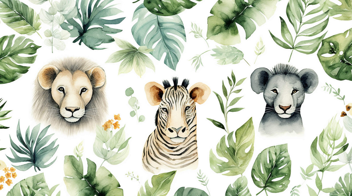 Safari animals wallpaper design file showing detailed watercolor lions, zebra and tropical leaves pattern