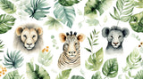Safari animals wallpaper design file showing detailed watercolor lions, zebra and tropical leaves pattern