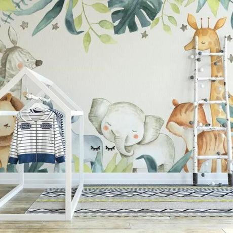 Safari Animals Wallpaper in bright modern nursery with white crib and natural decor