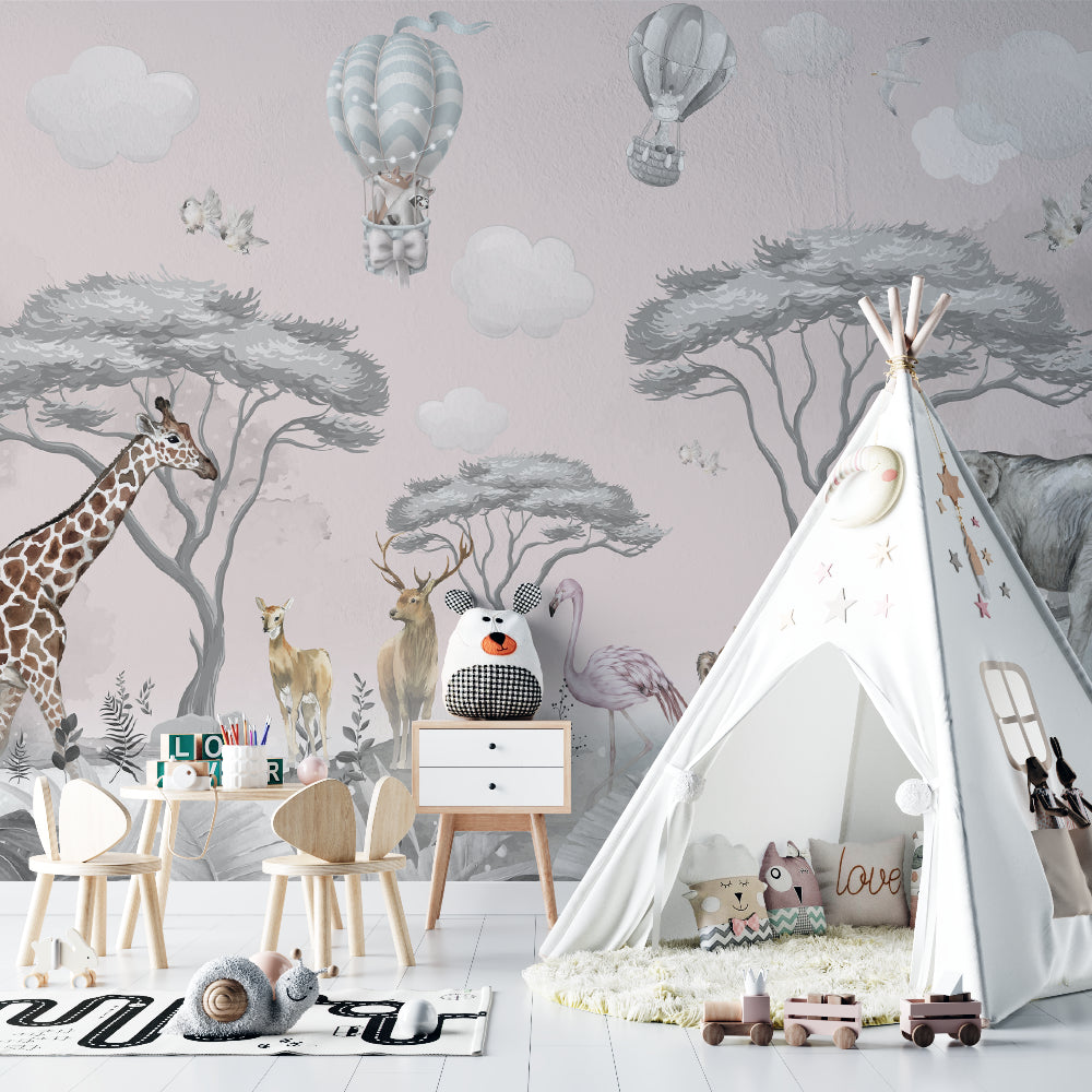 Safari nursery wallpaper with hot air balloons displayed in a bright, modern nursery with white furniture