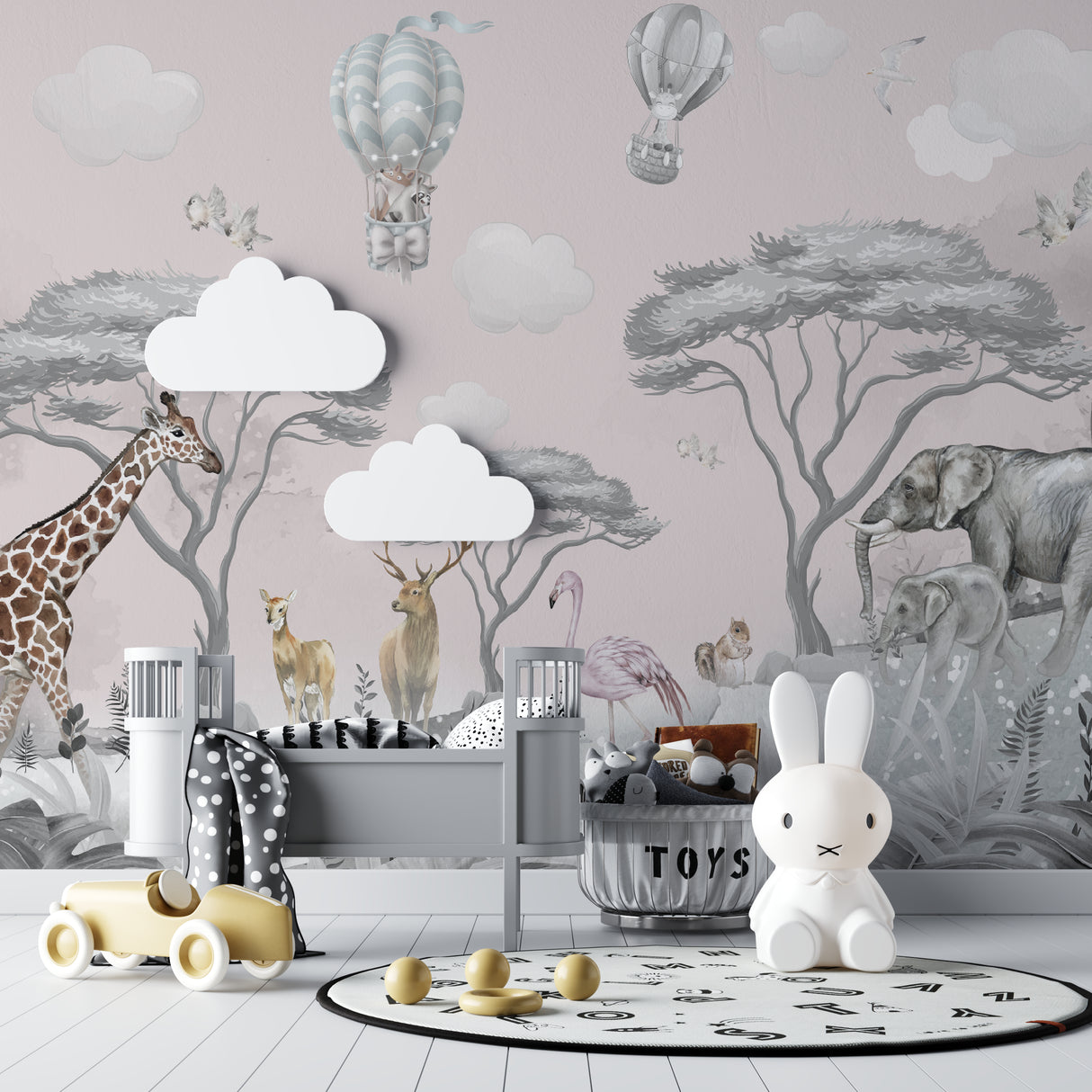 Kids safari wallpaper showcased in a modern children's bedroom with natural light