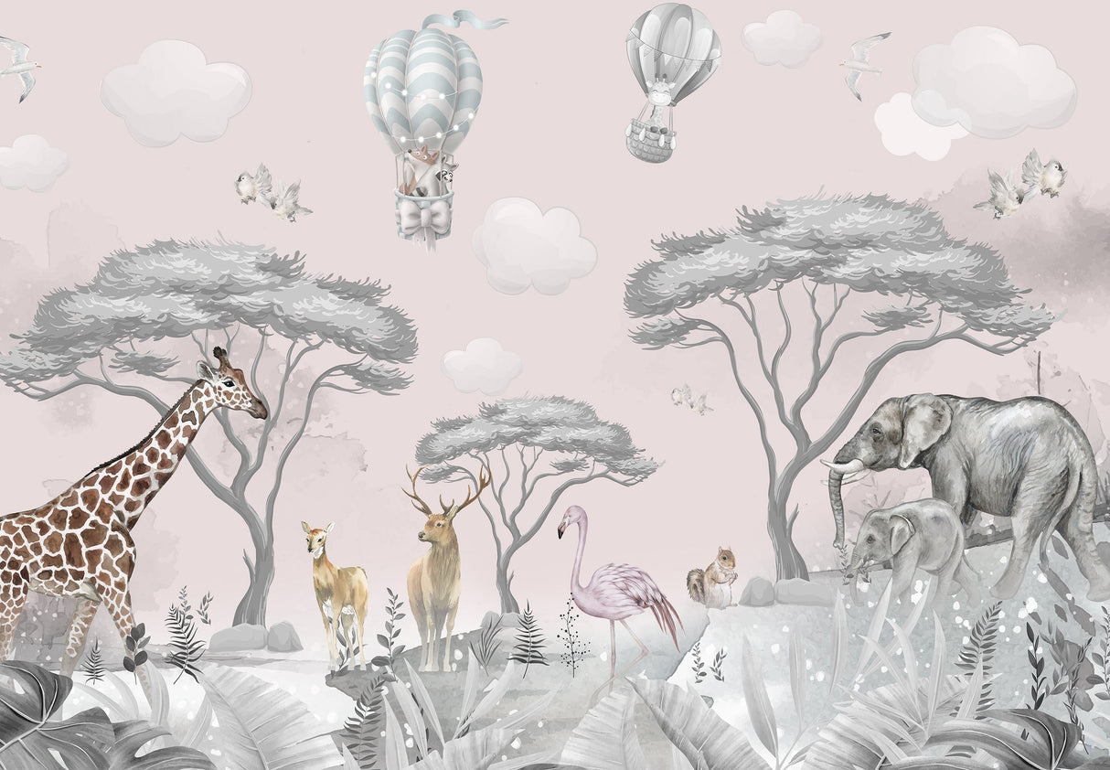 Safari wallpaper design file showing detailed hot air balloons and wildlife pattern on pink background