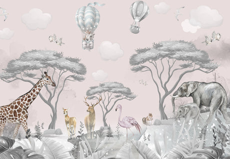 Safari wallpaper design file showing detailed hot air balloons and wildlife pattern on pink background