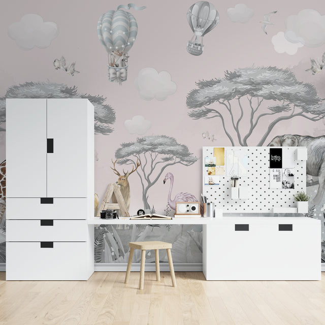 Safari nursery wallpaper with elephants and hot air balloons creating a dreamy atmosphere in a modern nursery
