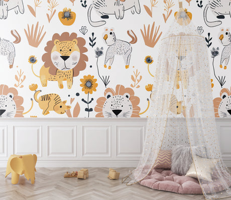 Safari Lion Wallpaper in bright nursery with white furniture and natural light