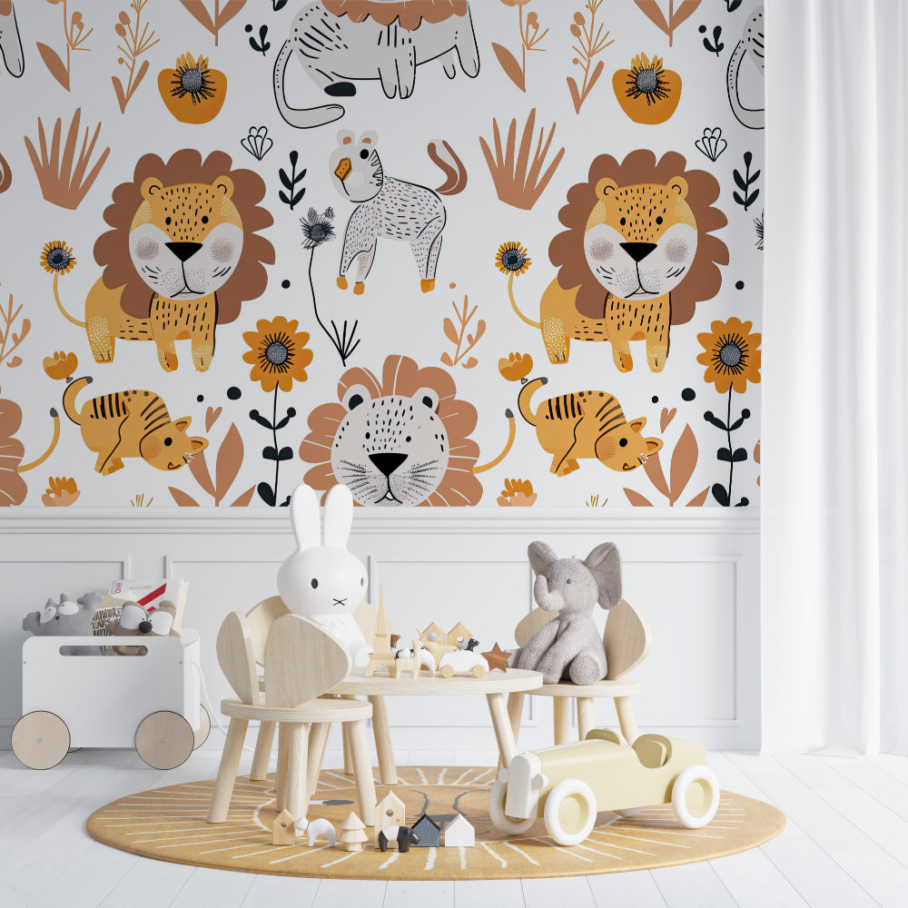 Safari Lion Mural in cozy reading nook with natural wood accents