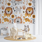 Safari Lion Mural in cozy reading nook with natural wood accents