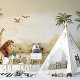 Safari wallpaper mural styled in modern living room with natural light showing African animals and palm trees